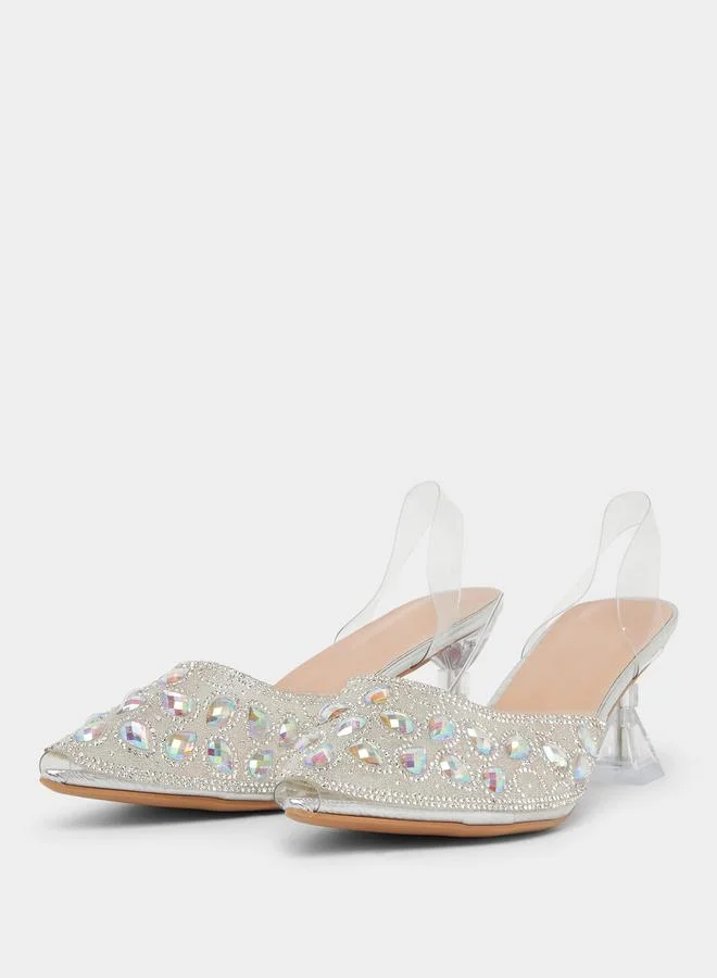 Take Two Embellished Transparent Kitten Heel Sandals